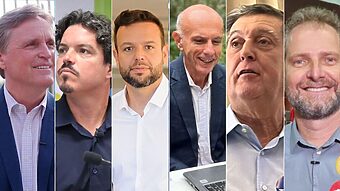 Dário Berger (PSDB), Lela (PT), Marquito (PSOL), Pedrão (PP), Portanova (Avante) e Topázio Neto (PSD) participam do debate (Fotos: Arquivo NSC)