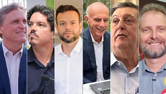 Dário Berger (PSDB), Lela (PT), Marquito (PSOL), Pedrão (PP), Portanova (Avante) e Topázio Neto (PSD) participam do debate (Fotos: Arquivo NSC)