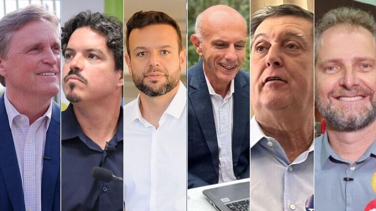 Dário Berger (PSDB), Lela (PT), Marquito (PSOL), Pedrão (PP), Portanova (Avante) e Topázio Neto (PSD) participam do debate (Fotos: Arquivo NSC)