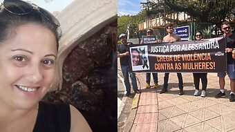 Alessandra Abdalla (Foto da esquerda: Reprodução) foi morta em 24 de novembro de 2022. Sintrasem protesta em frente ao Sintrasem (Foto: Cristian Delosantos, CBN Floripa)