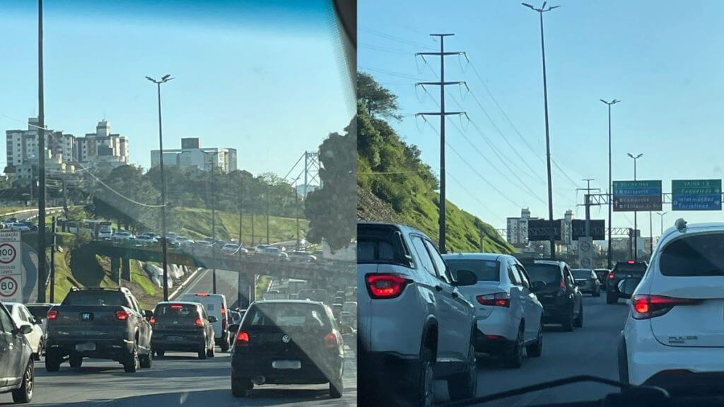 Ônibus parado deixa trânsito caótico na Ponte Pedro Ivo, em Florianópolis. — (Foto: Francisco Neves /CBN/Reprodução)