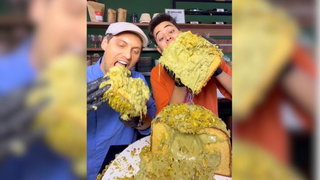 Panetone gigante de pistache feito em SC custa mais de R$ 2 mil e bate recorde. (Foto: Redes sociais/Reprodução)