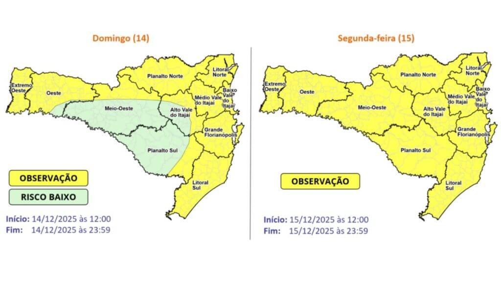 SC tem alerta de risco para chuva intensa (Foto: Defesa Civil, Reprodução)